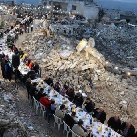 Breaking the fast: around 400 people dine among the remains of their homes, which were destroyed in Israeli airstrikes during Ramadan. (Kfar Shouba, Lebanon, 17.3.2025)