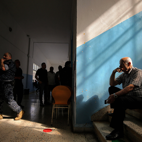 May 11, 2025, Zgharta, Zgharta, Lebanon: A voter sits inside a polling station in the northern Lebanese town of Zgharta after casting his vote in the second phase in north Lebanon