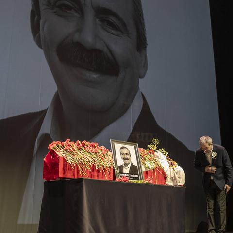 Istanbul Bids Farewell to Onder Tuncer Bakirhan, Co-Chair of the DEM Party, bows his head in front of Sirri Sureyya Onder s coffin during his funeral