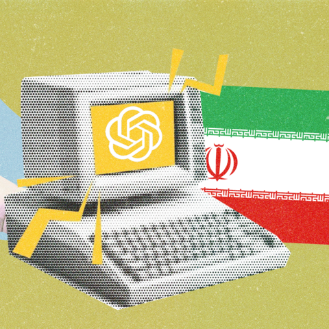A collage centering an older computer, on a green background with the Iranian flag and a hand holding a magnifying glass