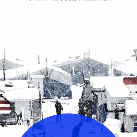 A white picture with shadows of people, standing before huts in snow. An American flag on the left, and a Lebanese flag on the right. 