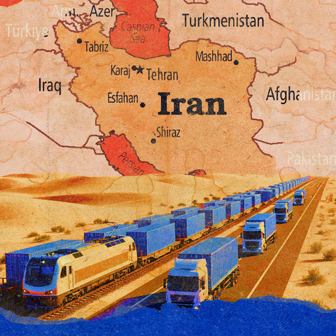 A collage showing a long road with trucks on it.