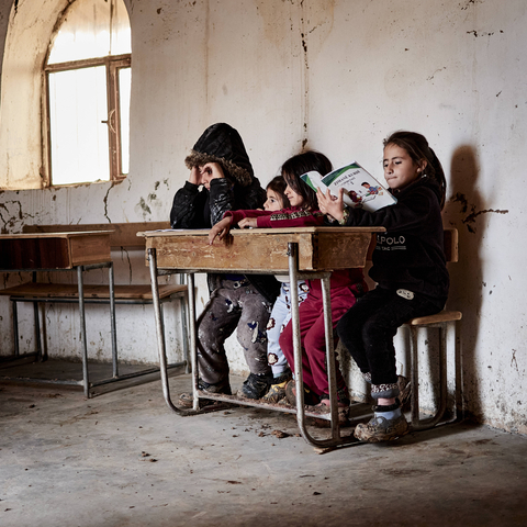 Jinwar, February 12, 2025 – Children attend classes in the school of Jinwar, a village populated exclusively by women and children in the north-east of Syria. Lessons are taught by teacher Sherin for four hours a day to twelve students.