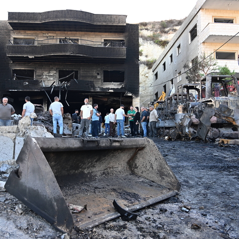Musaylih, Lebanon - October 11: The Israeli army violated the ceasefire by launching more than ten airstrikes on the town of al-Musaylih in southern Lebanon, causing powerful explosions, extensive destruction at industrial facilities, and the burning of bulldozers that were rendered unusable on October 11, 2025. IMAGO / Anadolu Agency