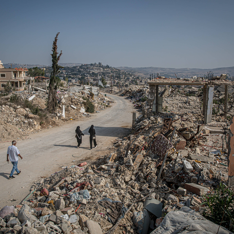 November 8, 2025, Lebanon: Visiting residents walk down a street in the mostly destroyed Lebanese village of Ayta al-Shaab. November 27, 2025, will mark the first anniversary of the ceasefire between Israel and Hezbollah. By the beginning of November 2025, UNIFIL recorded almost 7,100 Israeli air violations of UN resolution 1701. UNIFIL also said there had been more than 2,400 activities by the IDF inside of Lebanon, while they had discovered around 360 weapons caches - mostly presumed to belong to Hizbull