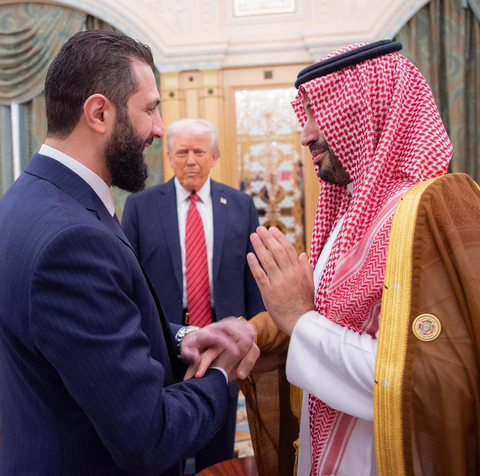 Saudi Crown Prince, Mohammed bin Salman, and US President, Donald Trump, meet with the Syrian president Ahmad Al-Sharaa