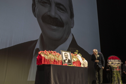 Istanbul Bids Farewell to Onder Tuncer Bakirhan, Co-Chair of the DEM Party, bows his head in front of Sirri Sureyya Onder s coffin during his funeral