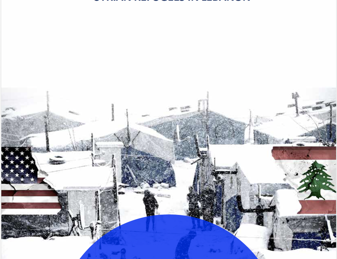 A white picture with shadows of people, standing before huts in snow. An American flag on the left, and a Lebanese flag on the right. 