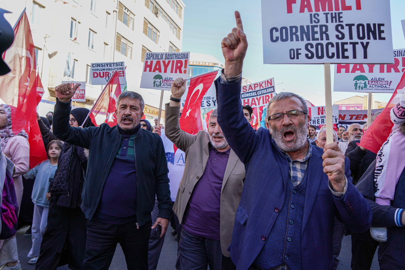 October 30, 2022, Ankara, Turkey: Protesters chant slogans while marching through the Streets holding placards and flags during the demonstration. An anti-LGBTI march and press release took place in Ankara, Turkey which is planned by Ankara Civil Society Platform