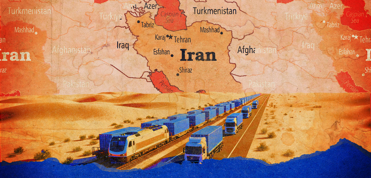 A collage showing a long road with trucks on it.