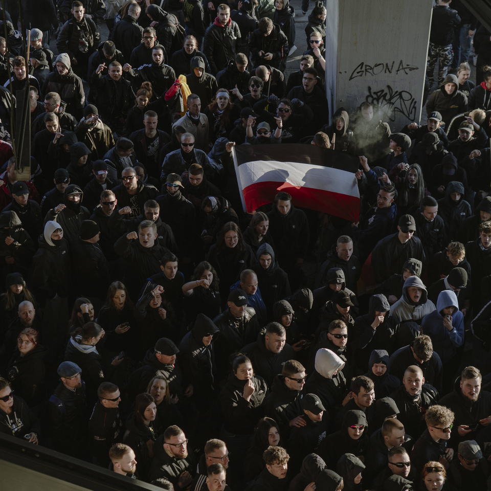  Far-right activists confront riot police while attempting to march near Ostkreuz railway station in Berlin on March 22, 2025. The event, attended by several hundred far-right and neo-Nazi activists from across Germany, was organized by extremist Ferhat Sentürk, a former politician from the far-right Alternative for Germany (AfD) party in Aachen. 