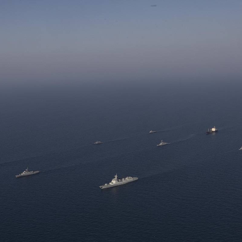 Iran: A handout the Iranian Army shows Iranian, Russian, and Chinese warships during a joint military drill in the Gulf of Oman, south of Iran, 17 March 2023. Iran, China, and Russia started joint naval military exercises in the Gulf of Oman on 17 March 2023 for two days