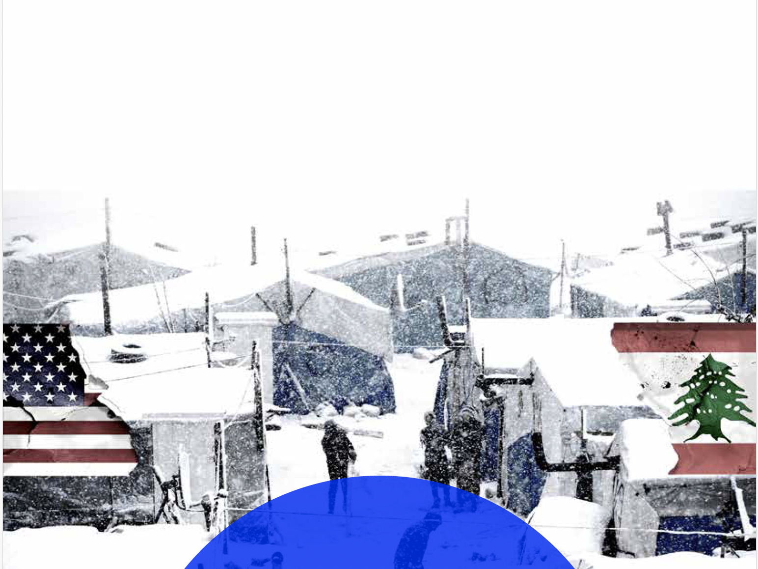 A white picture with shadows of people, standing before huts in snow. An American flag on the left, and a Lebanese flag on the right. 