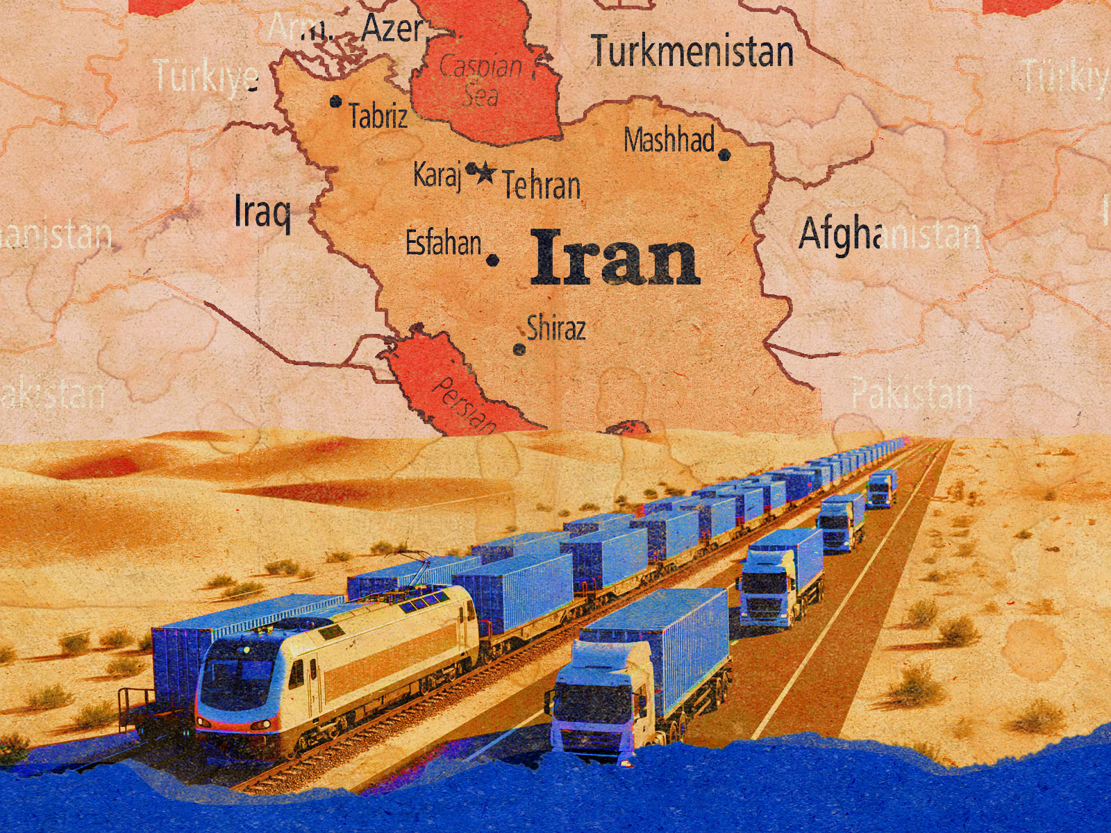 A collage showing a long road with trucks on it.