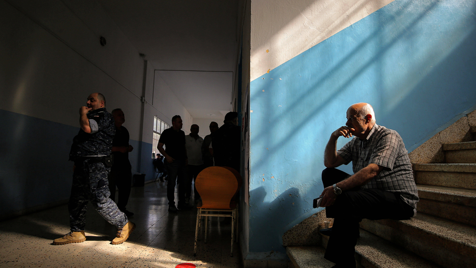 May 11, 2025, Zgharta, Zgharta, Lebanon: A voter sits inside a polling station in the northern Lebanese town of Zgharta after casting his vote in the second phase in north Lebanon